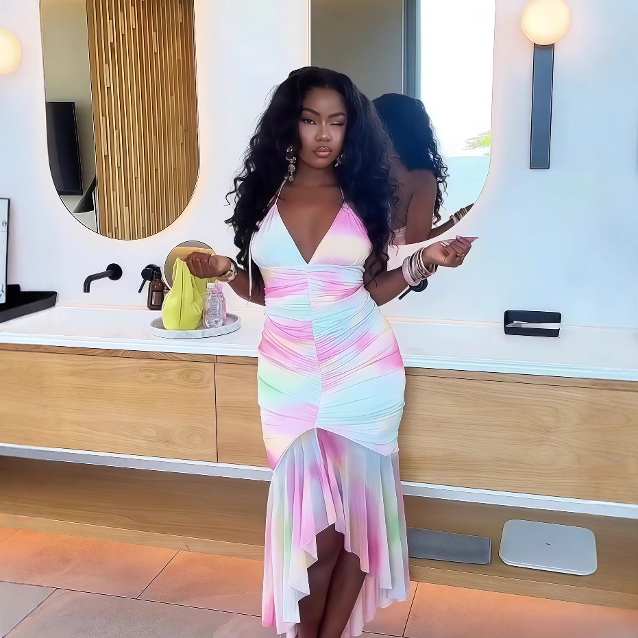 European and American cross-border women's clothing 2025 early autumn new sleeveless sexy backless slim fit pleated irregular wave dress