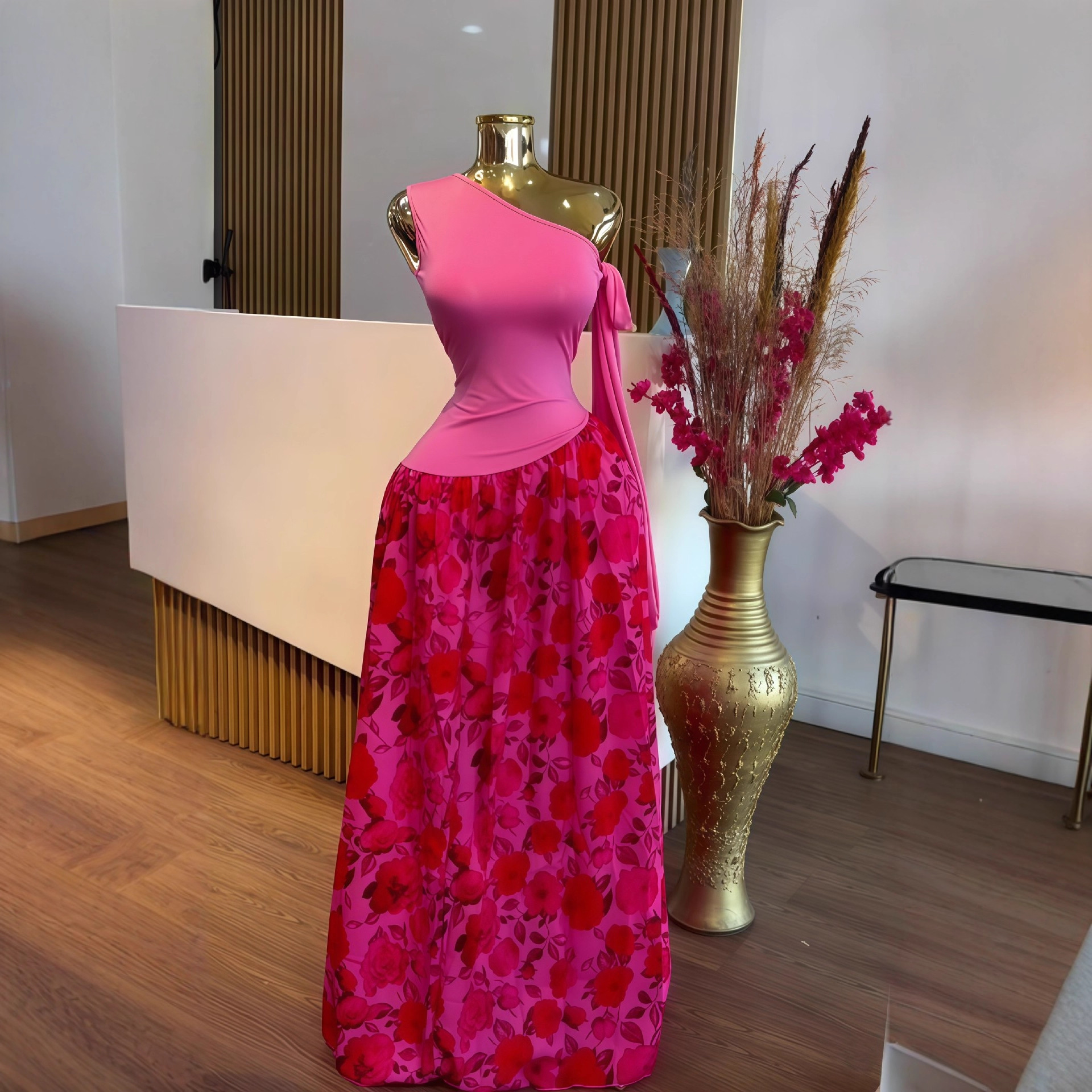 European and American Cross border Women's Wear 2025 Autumn New Sleeveless Slant Neck Slim Fit Printed Wrinkle Style Long Dress