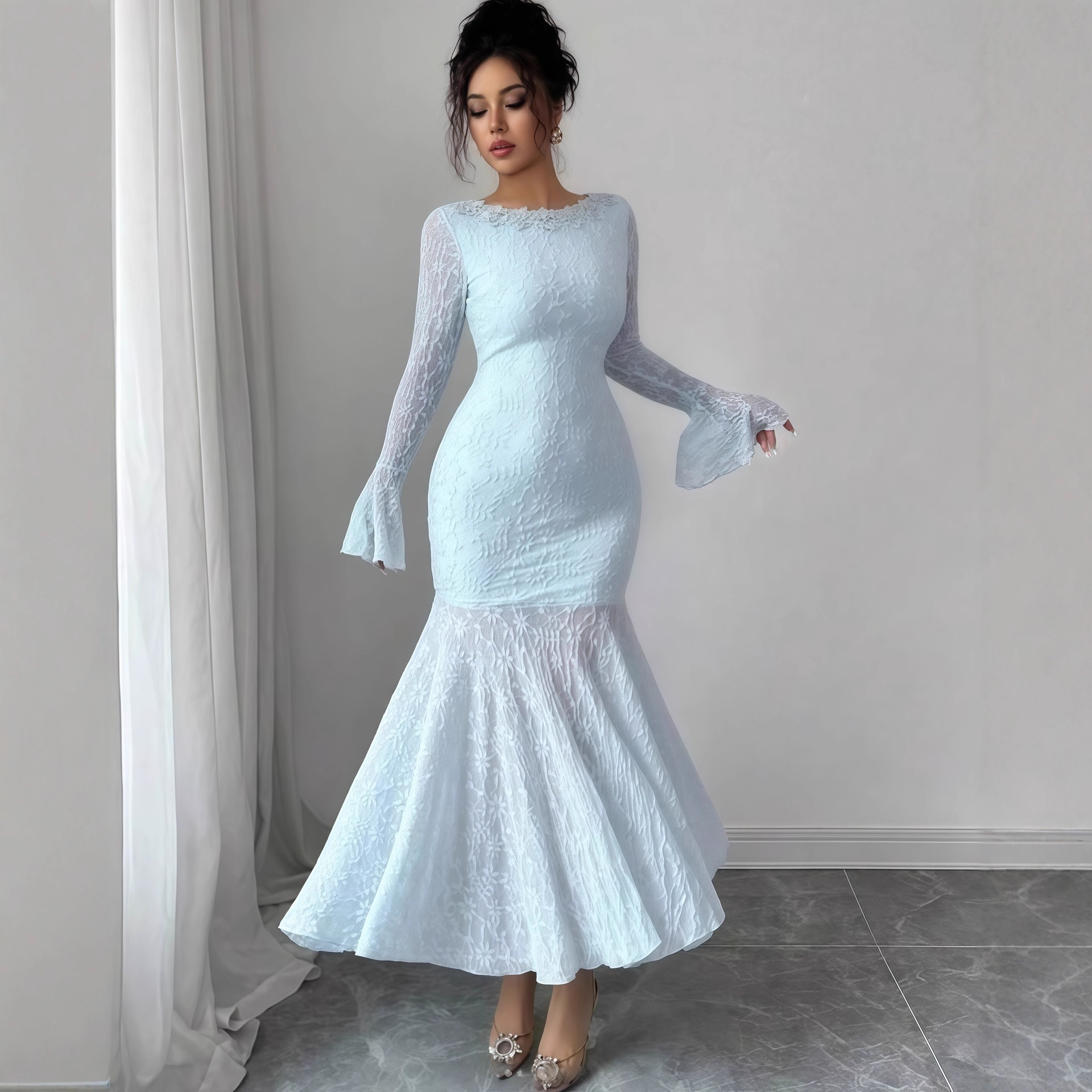 European and American cross-border women's clothing 2025 early autumn new solid color trumpet long sleeved round neck slim fit long fish tail dress