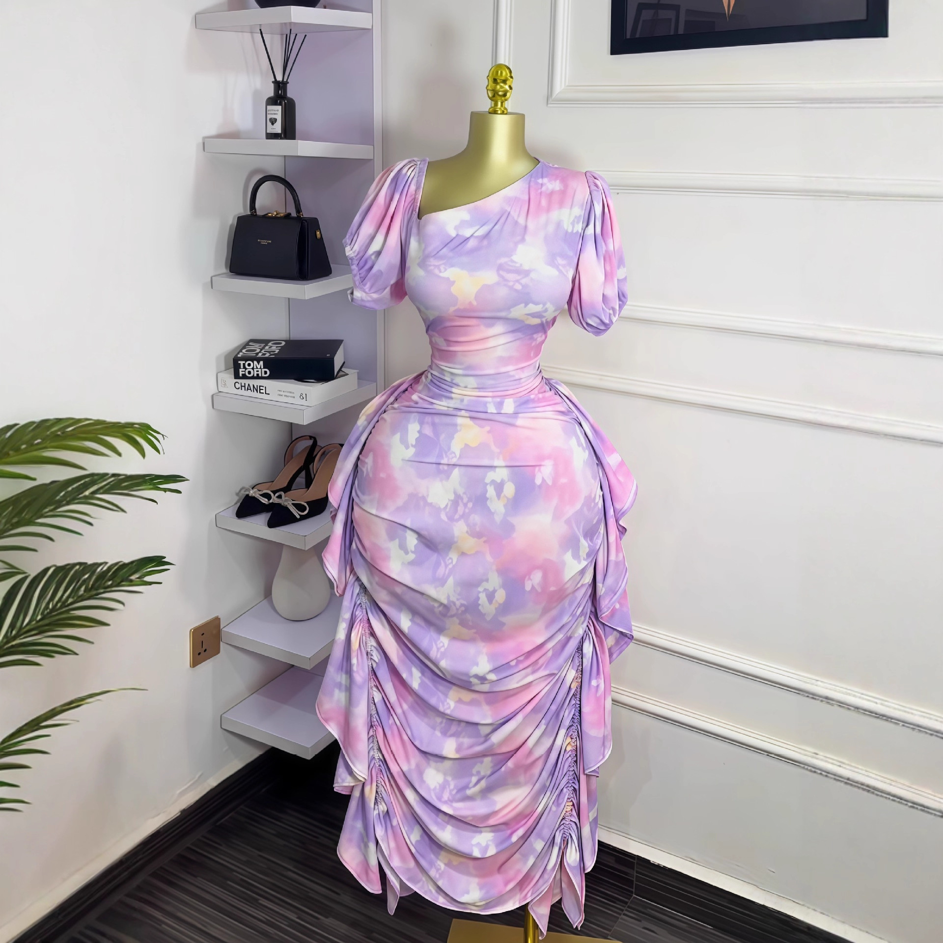 European and American Cross border Women's 2025 Early Autumn New Bubble Sleeve Slant Neck Printed Ruffle Edge Tight Style Dress