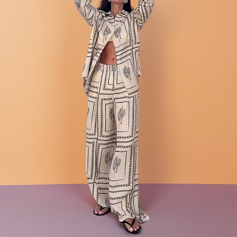 Cross border 2025 new European and American style women's clothing temperament long sleeved printed shirt home wear fashionable women's winter clothing set