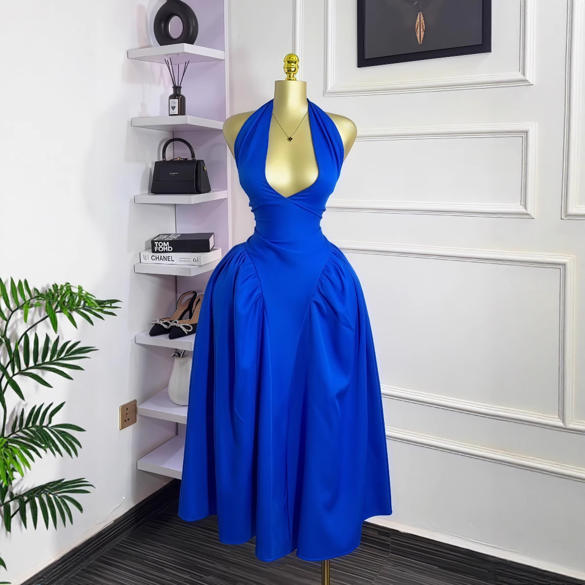 European and American Cross border Women's 2025 Summer New Solid Color Sleeveless Deep V-neck Hanging Neck Butterfly Strap Long Dress