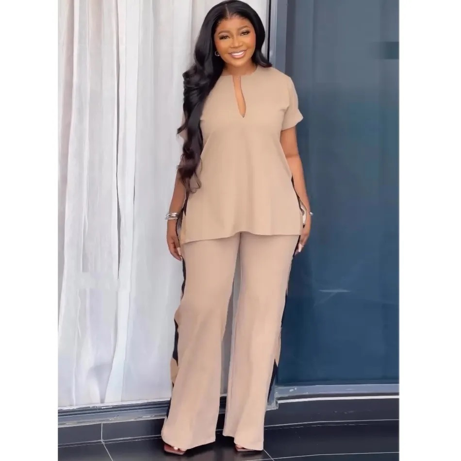 European and American cross-border women's clothing 2024 winter new short sleeved V-neck side slit top, waist cinched wide leg pants two-piece set