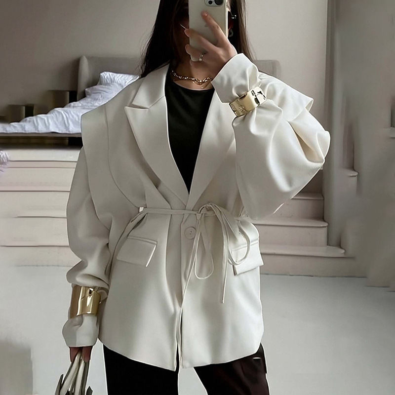 Suit jacket for women with a sense of luxury in the spring and autumn of 2025, European and American women's clothing temperament, commuting, waist cinching, tie up, shoulder pad suit jacket