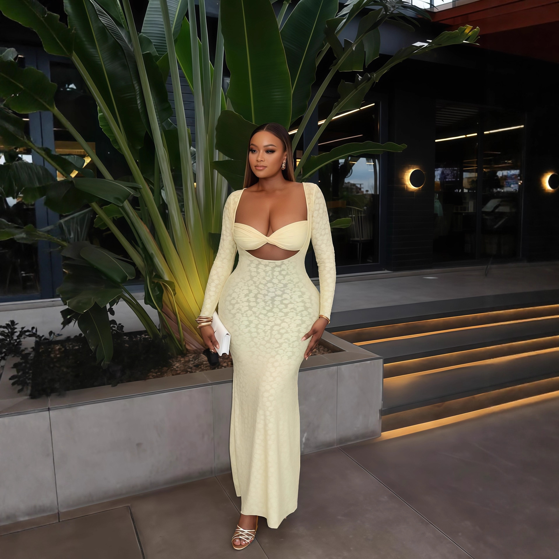 European and American cross-border women's clothing 2025 autumn new item solid color long sleeved chest wrapped tight temperament long one-step dress