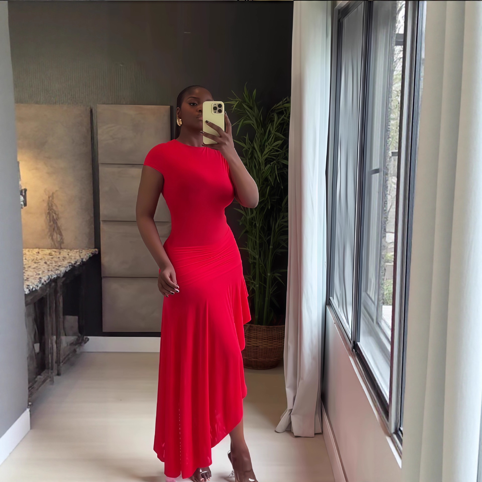 European and American cross-border women's clothing 2025 early autumn new solid color round neck short sleeved slim irregular temperament long dress