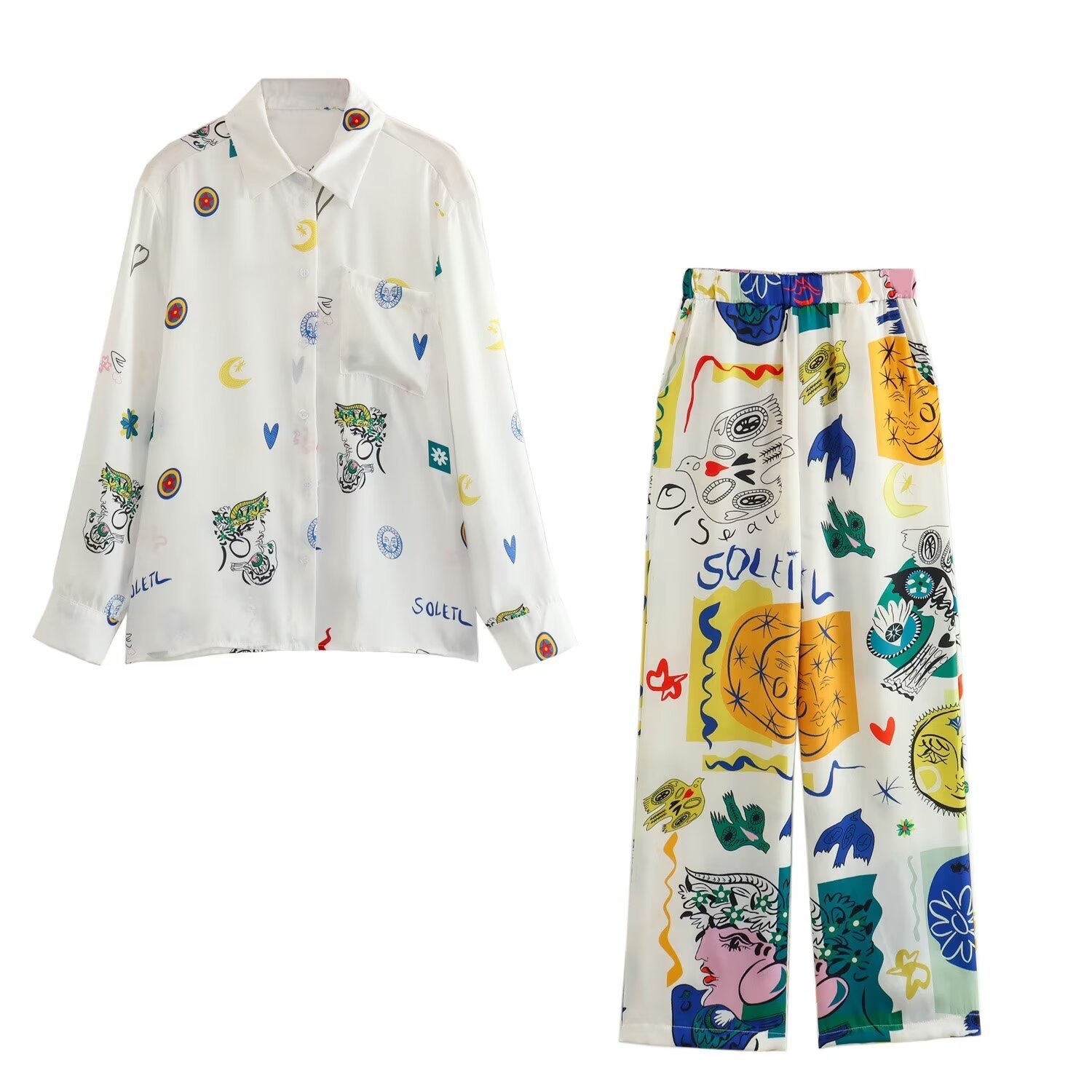 Amazon Foreign Trade Cross border Women's Summer New Long Sleeve Collar Printed Shirt, Waist up Straight Leg Casual Pants Set