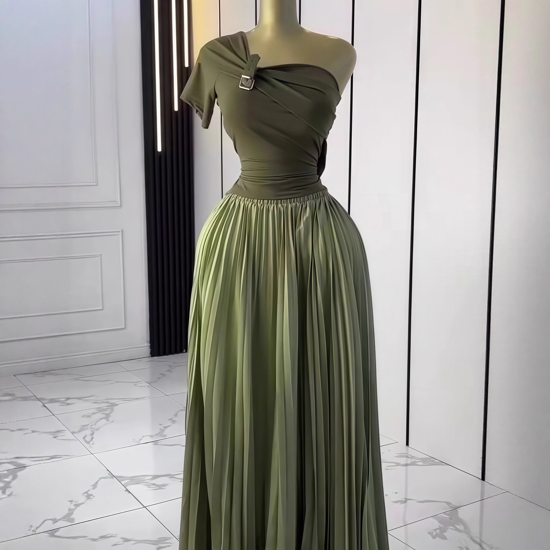 European and American cross-border women's clothing 2025 autumn new item solid color short sleeved strapless sloping collar waist cinching pleated temperament two-piece set