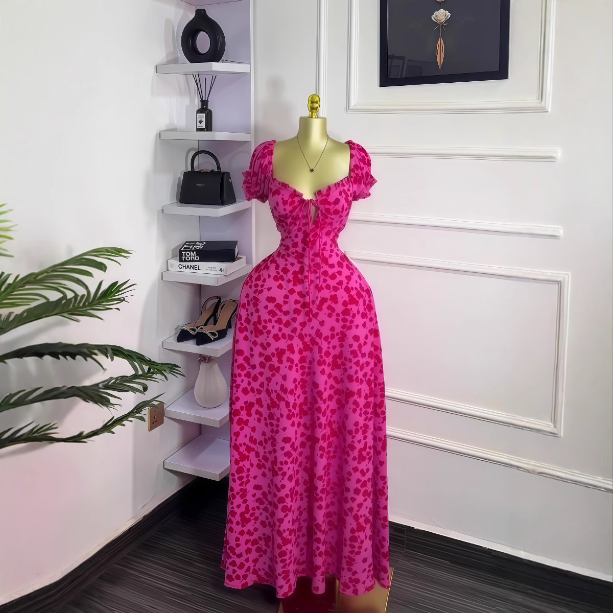 European and American cross-border women's clothing 2025 summer new printed short sleeved butterfly tie sexy tight long dress