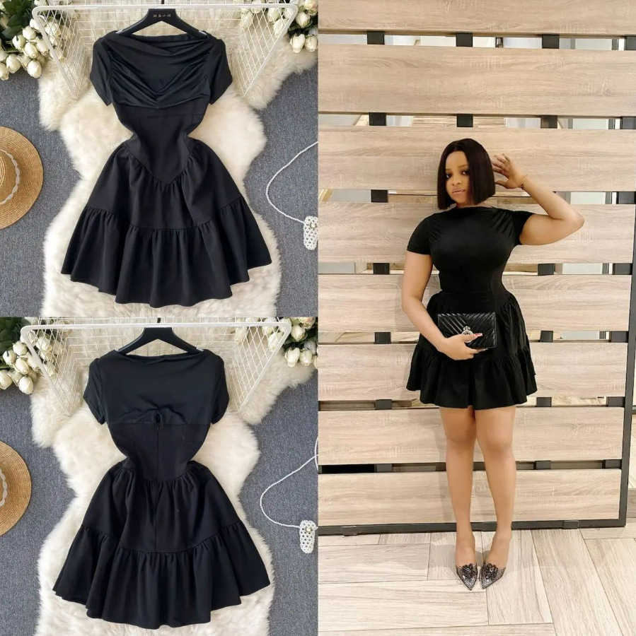 Amazon Spring New French Design Women's 2024 Solid Color Short Sleeve Folded Puff Waist Dress