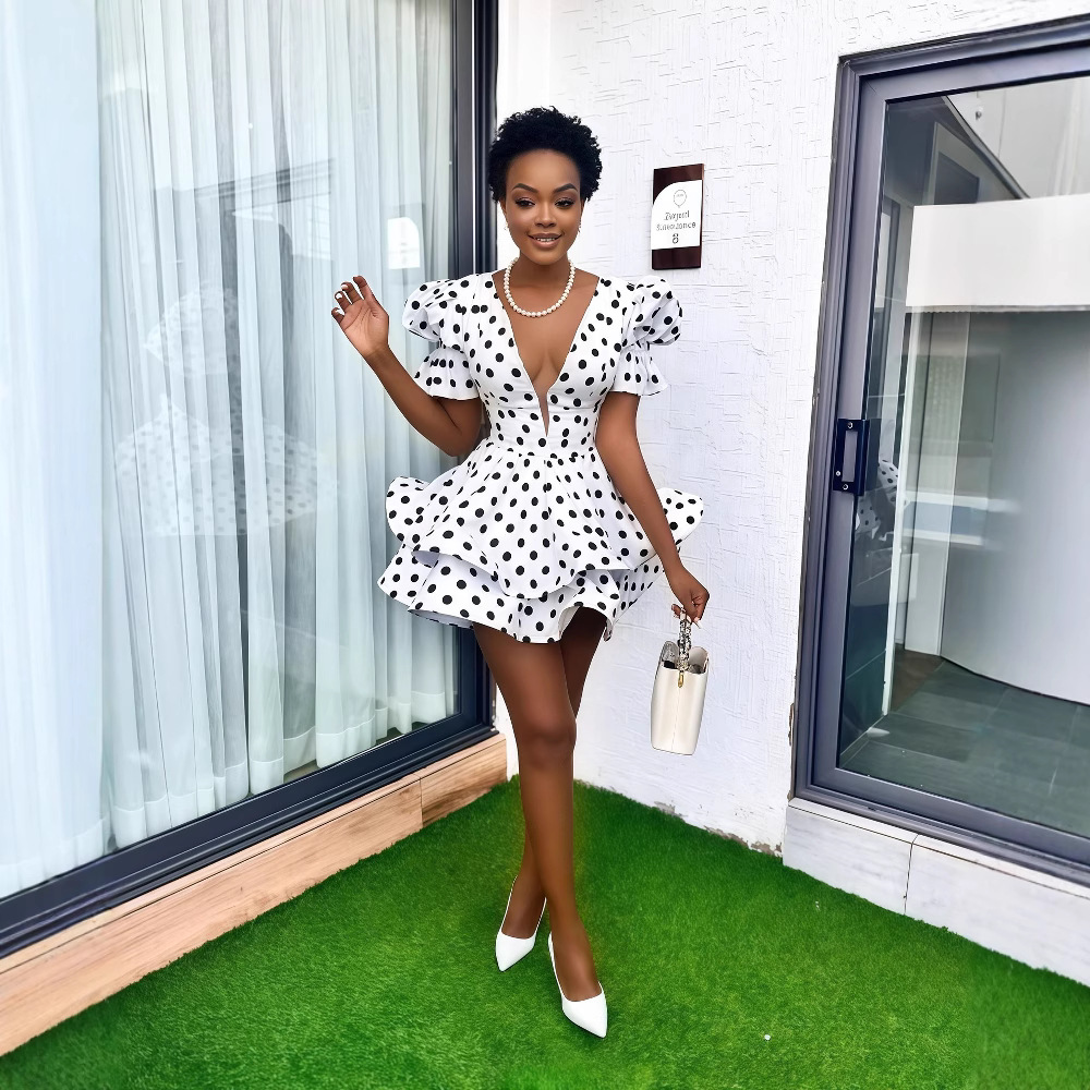 European and American cross-border women's clothing 2025 summer new item polka dot printed bubble sleeve deep V-neck ruffle edge short dress