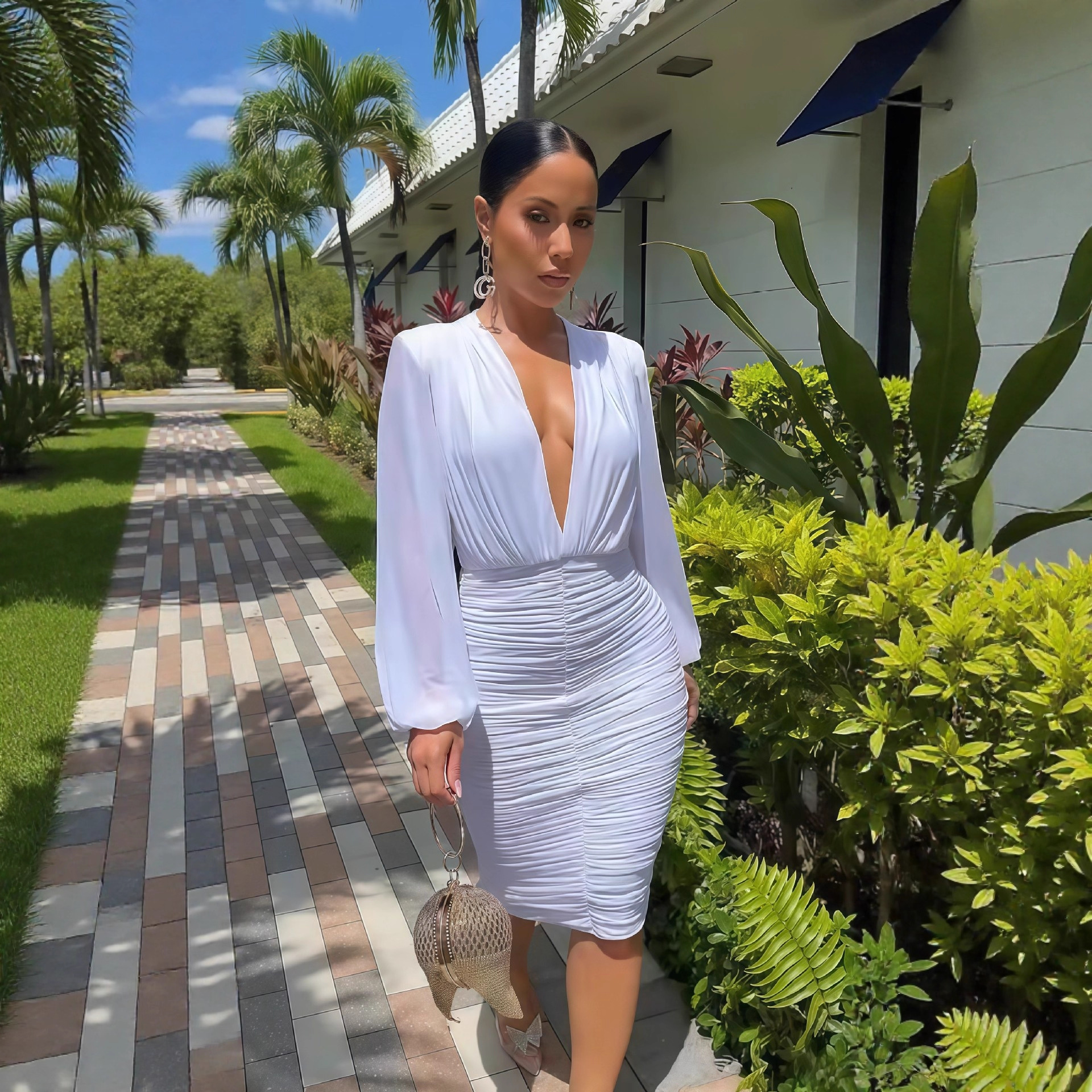 European and American cross-border women's clothing 2025 autumn new item solid color long sleeved deep V-neck waist cinched pleated slim fit long dress