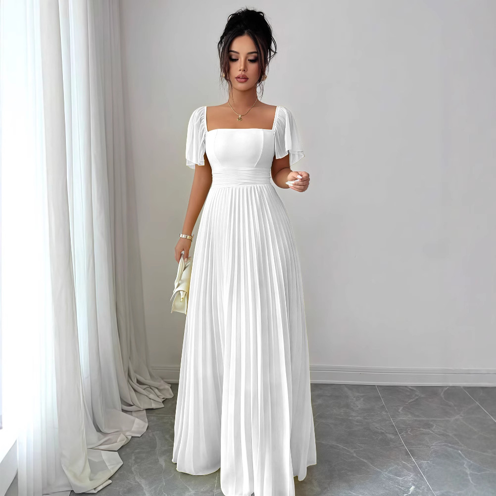 European and American cross-border women's clothing 2025 summer solid color French strapless, backless, waist cinched, pleated temperament long dress European and American cross-border women's clothing 2025 summer solid color French strapless, backless, waist cinched, pleated temperament long dress