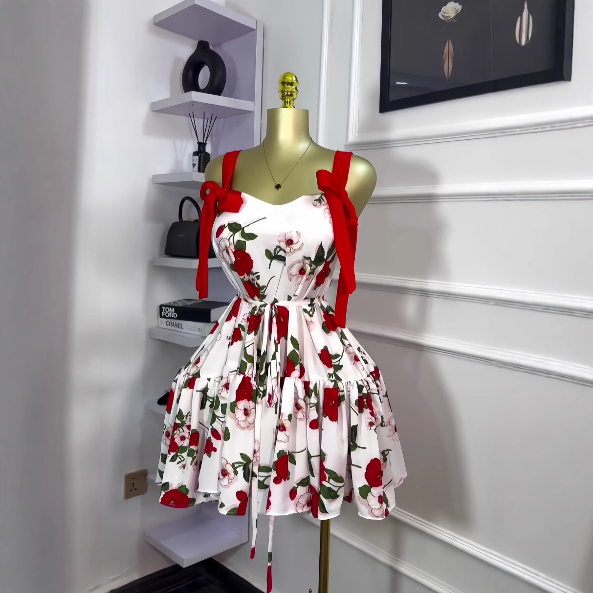 European and American Cross border Women's 2025 Spring New Sleeveless Printed Double Shoulder Bow Strap Folded Short Dress