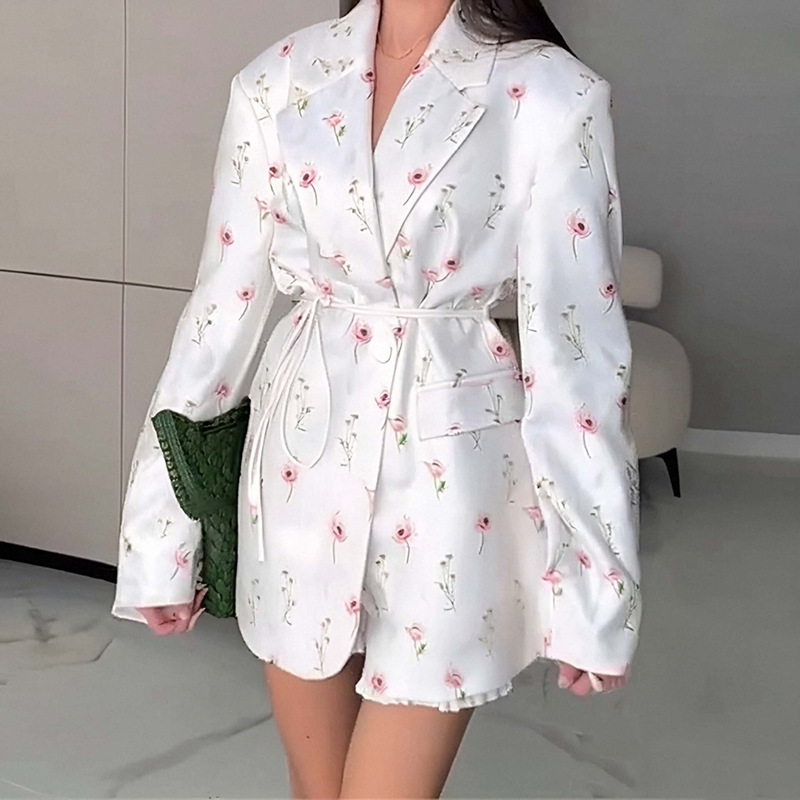 European and American Cross border Women's Clothing 2025 Spring and Autumn New Fashion Printed Loose Suit Collar Strap Waist Suit Coat
