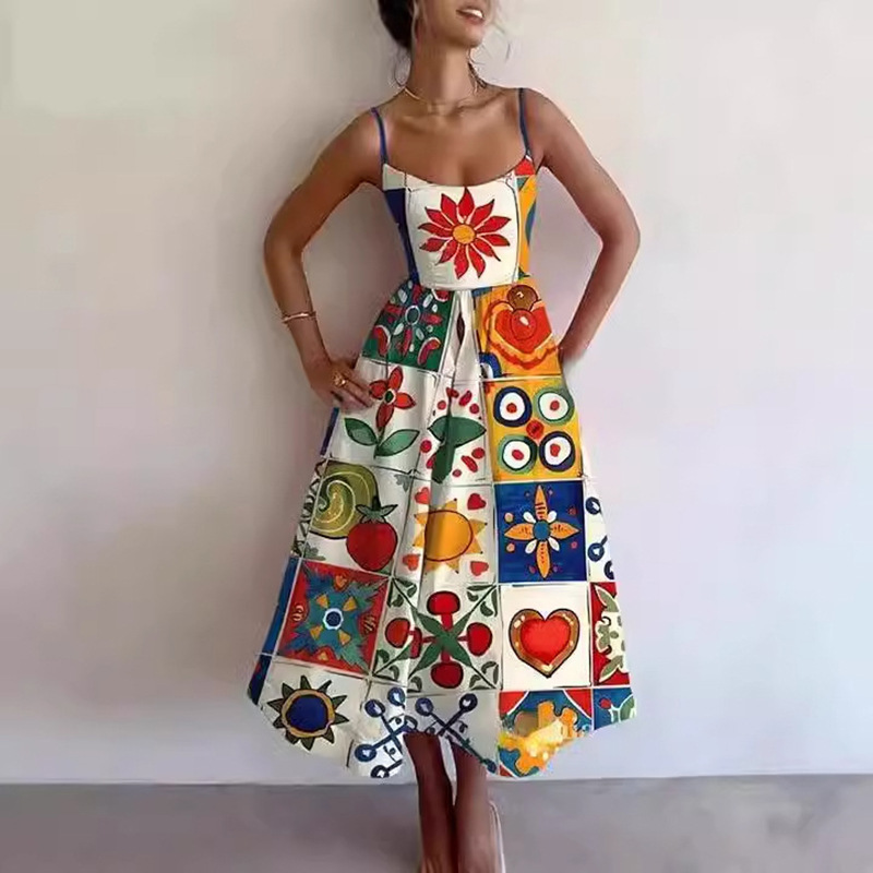 Amazon 2025 Spring New Cross border European and American Women's Fashion Printed Folded Waist Swing Strap Dress Amazon 2025 Spring New Cross border European and American Women's Fashion Printed Folded Waist Swing Strap Dress