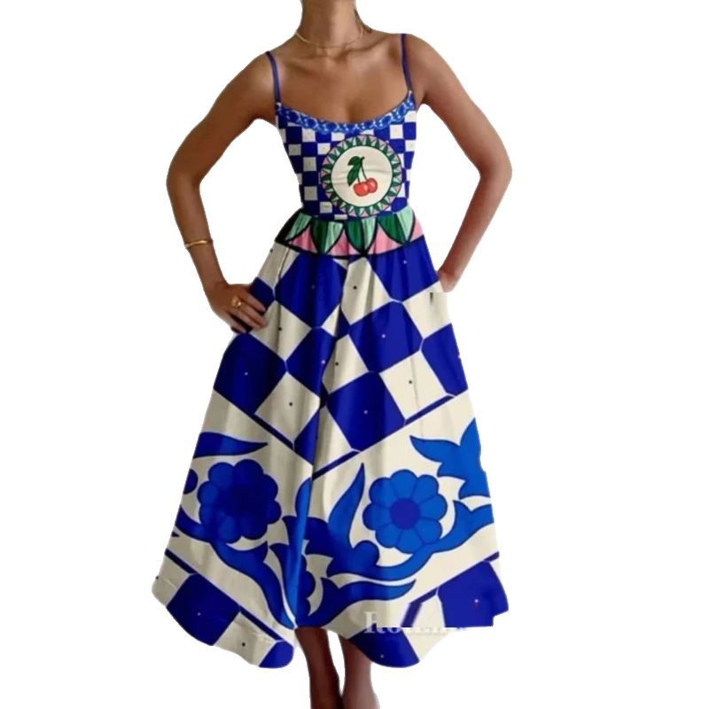 Amazon 2025 Spring New Cross border European and American Women's Fashion Printed Folded Waist Swing Strap Dress Amazon 2025 Spring New Cross border European and American Women's Fashion Printed Folded Waist Swing Strap Dress