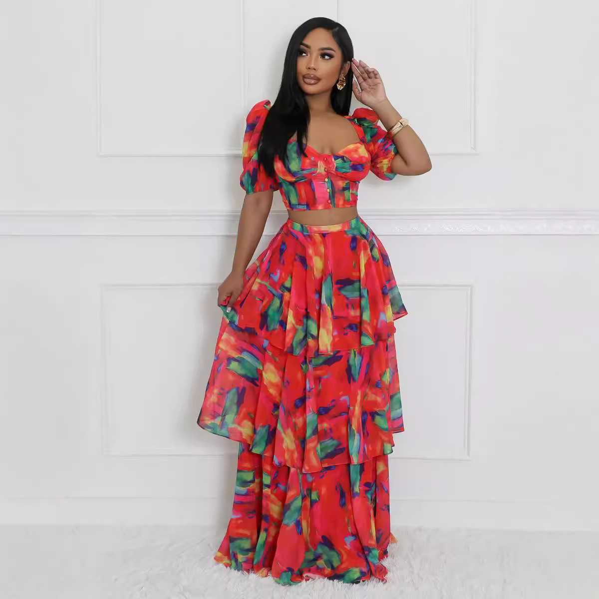 European and American cross-border women's clothing 2024 summer new item strapless U-neck small top printed waist cinching cake skirt two-piece set