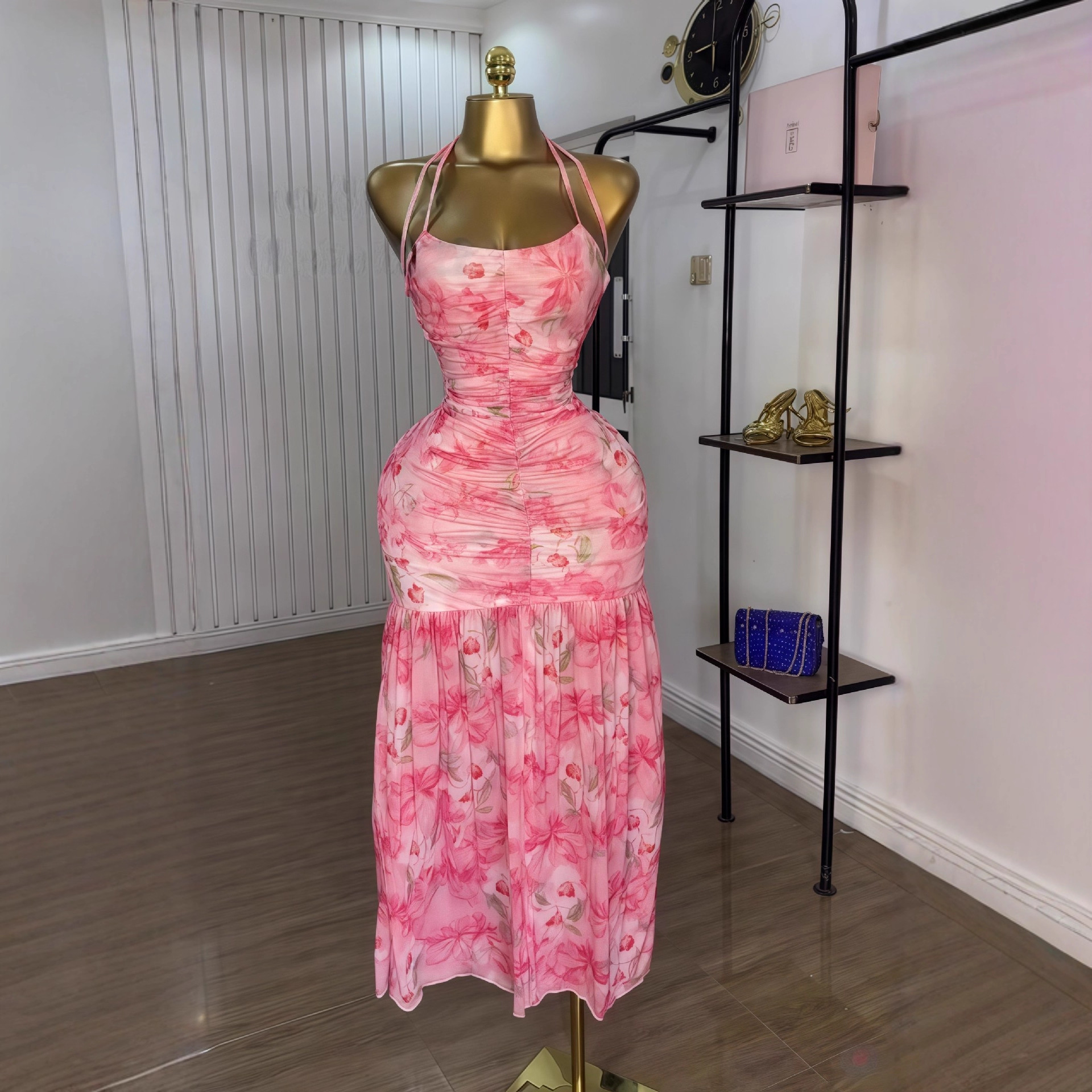 European and American cross-border women's clothing 2025 autumn new sleeveless strapless backless printed waist cinched pleated long dress