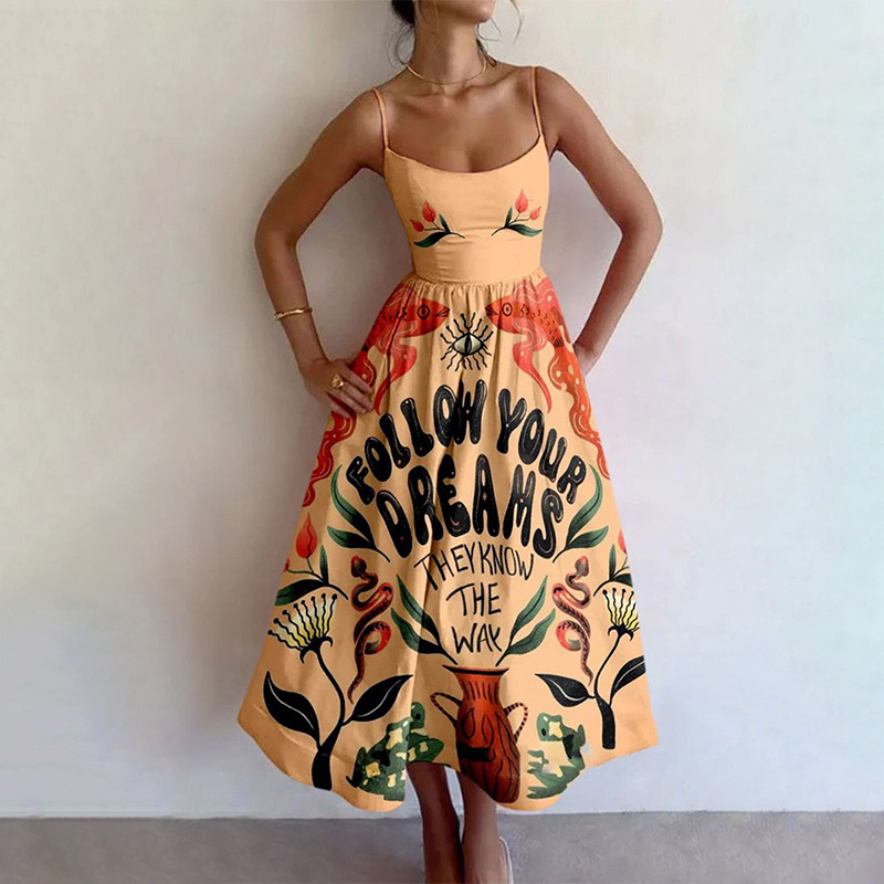 Amazon 2025 Spring New Cross border European and American Women's Fashion Printed Folded Waist Swing Strap Dress Amazon 2025 Spring New Cross border European and American Women's Fashion Printed Folded Waist Swing Strap Dress