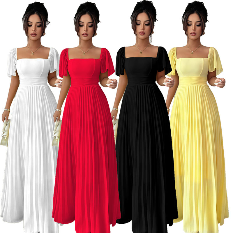 European and American cross-border women's clothing 2025 summer solid color French strapless, backless, waist cinched, pleated temperament long dress