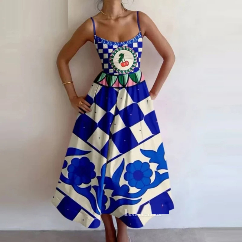 Amazon 2025 Spring New Cross border European and American Women's Fashion Printed Folded Waist Swing Strap Dress Amazon 2025 Spring New Cross border European and American Women's Fashion Printed Folded Waist Swing Strap Dress