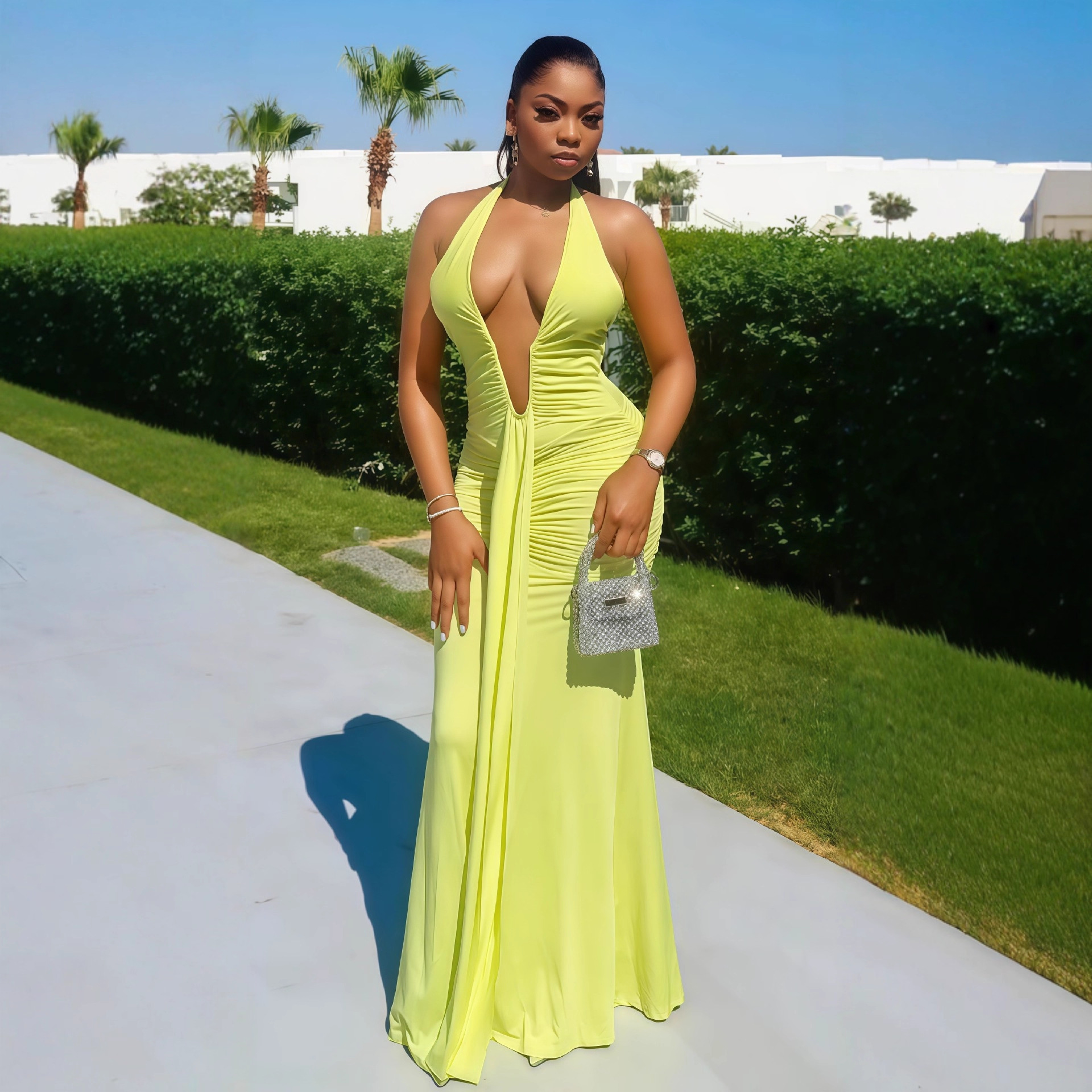 European and American Cross border Women's 2025 Autumn Edition Solid Color Sleeveless Hanging Neck V-neck Sexy backless Temperament Long Dress