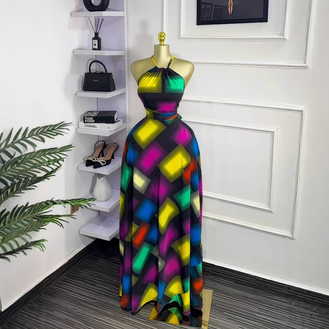 European and American Cross border Women's 2025 Summer New Sleeveless Hanging Neck Color blocked Waist Strap Long Style Temperament Dress