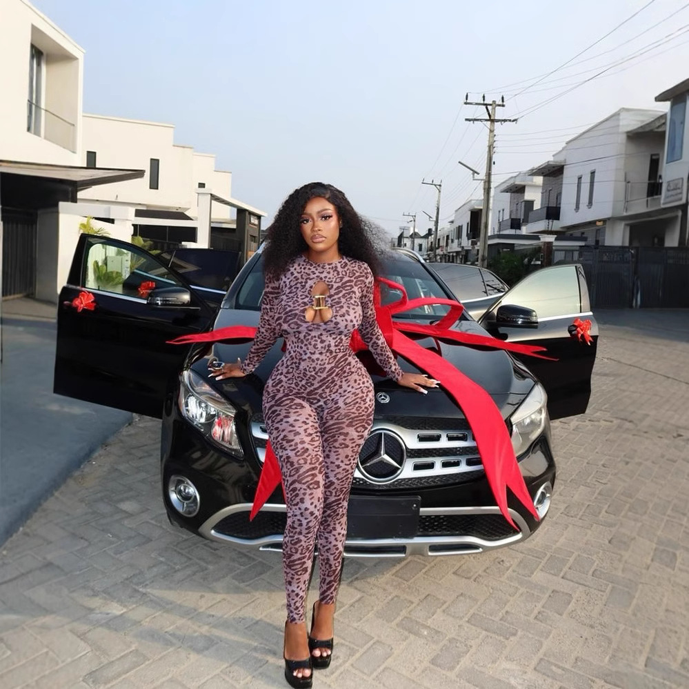 European and American cross-border women's clothing 2025 spring new round neck long sleeved leopard print sexy hollow tight jumpsuit