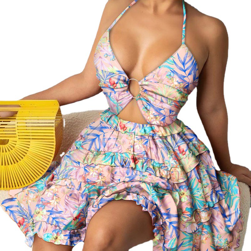 European and American women's clothing foreign trade 2025 Amazon hollow strap V-neck temperament hanging neck printed suspender European and American dress European and American women's clothing foreign trade 2025 Amazon hollow strap V-neck temperament hanging neck printed suspender European and American dress