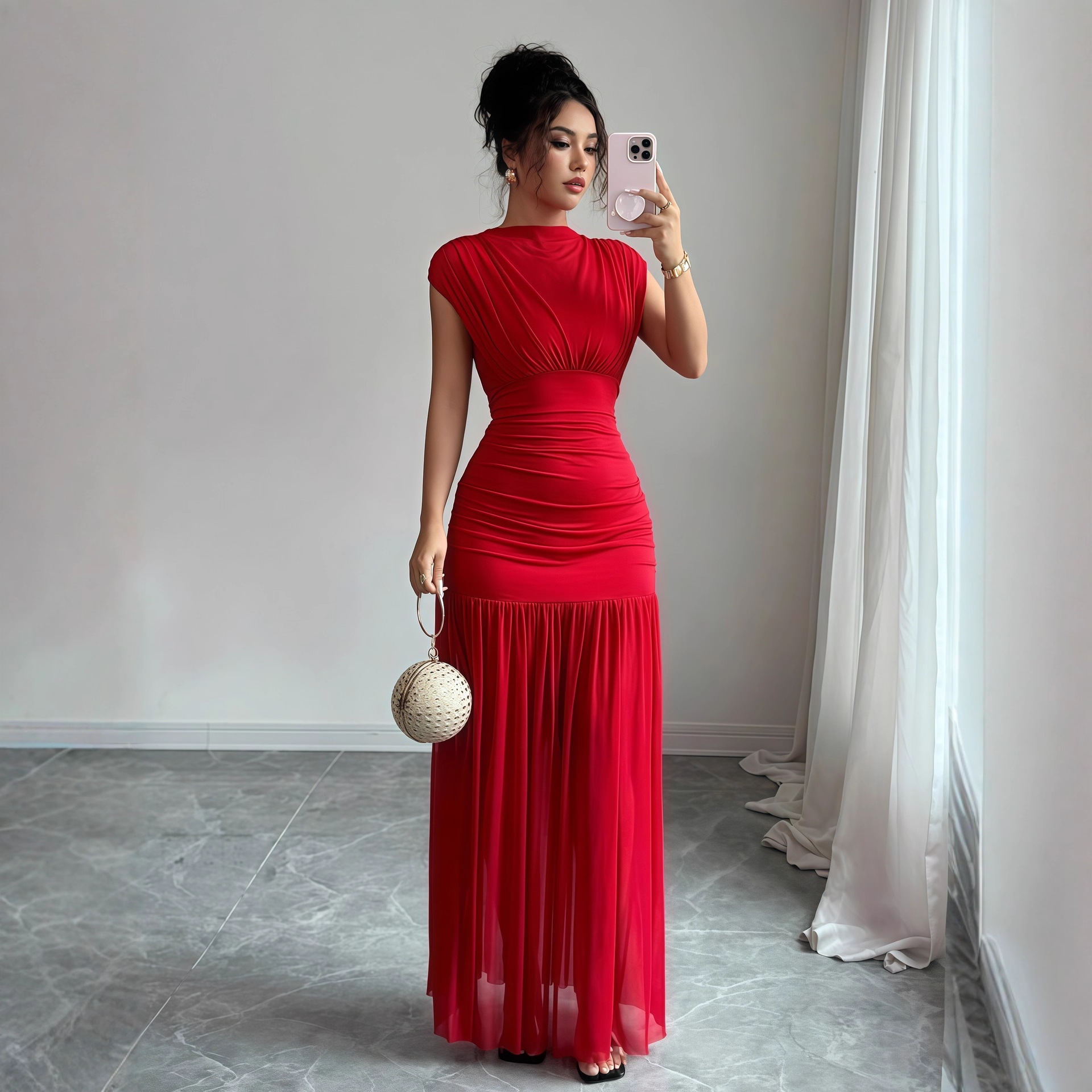 European and American Cross border Women's Wear 2025 Autumn New Style Solid Color Round Neck Flying Sleeves with Waist Fold and Temperament Long Dress