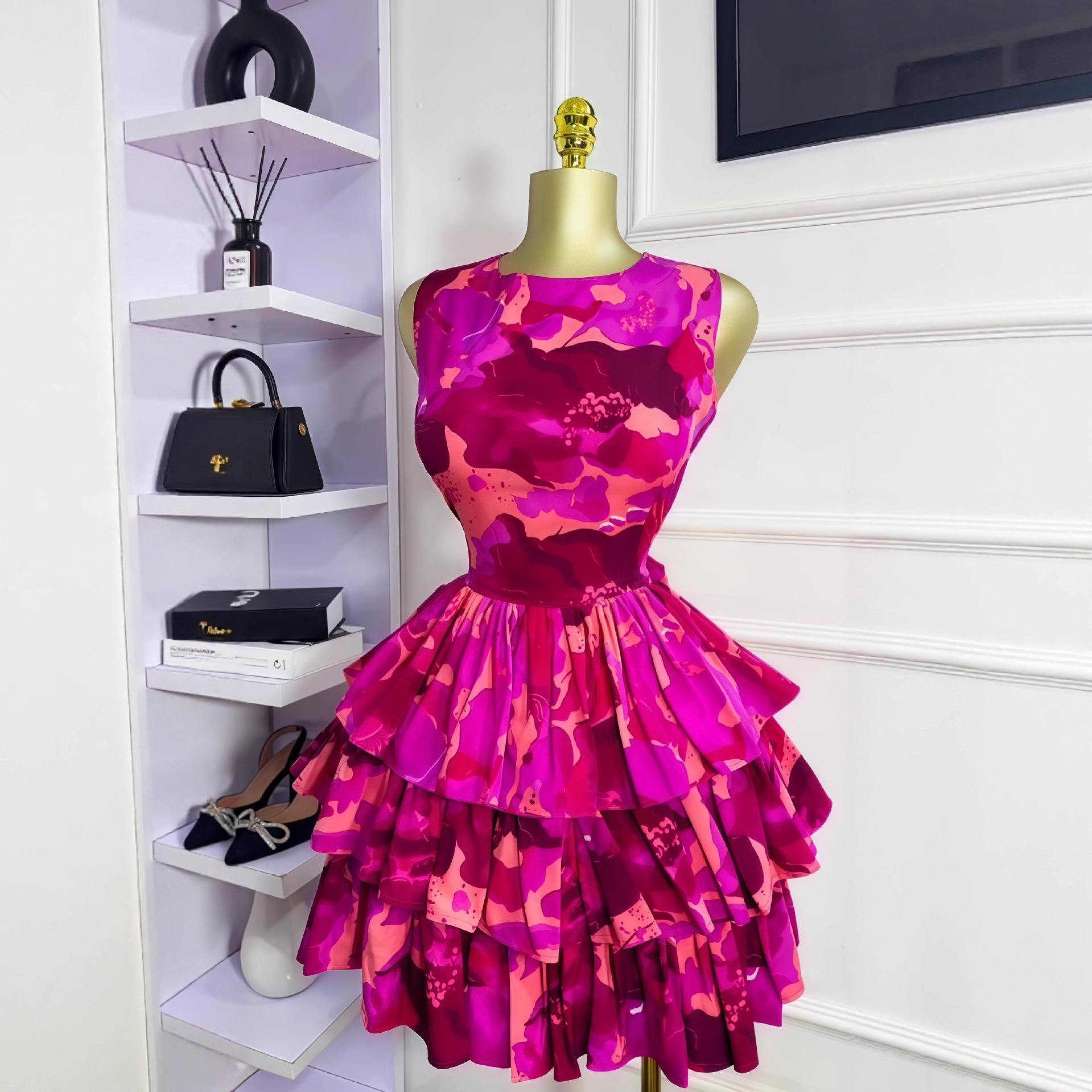 European and American cross-border women's clothing 2025 early autumn new sleeveless round neck tight waist folded short three-layer cake skirt