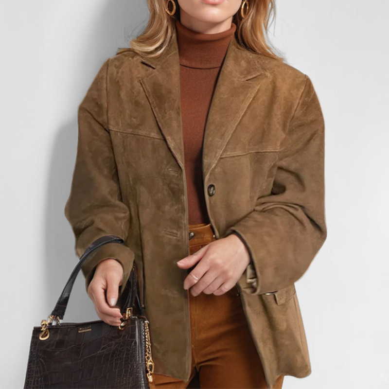 Cross border foreign trade 2025 new European and American women's clothing style retro brown loose pocket long sleeved suit jacket for women