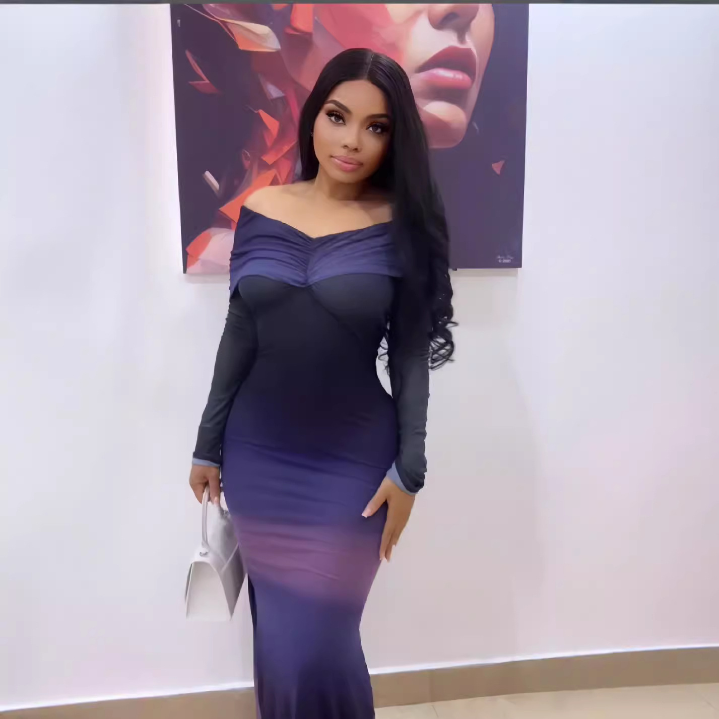 European and American Cross border Women's 2024 Autumn New Long Sleeve Off Shoulder Folded One Piece Collar Gradually Changing Color Slimming Dress