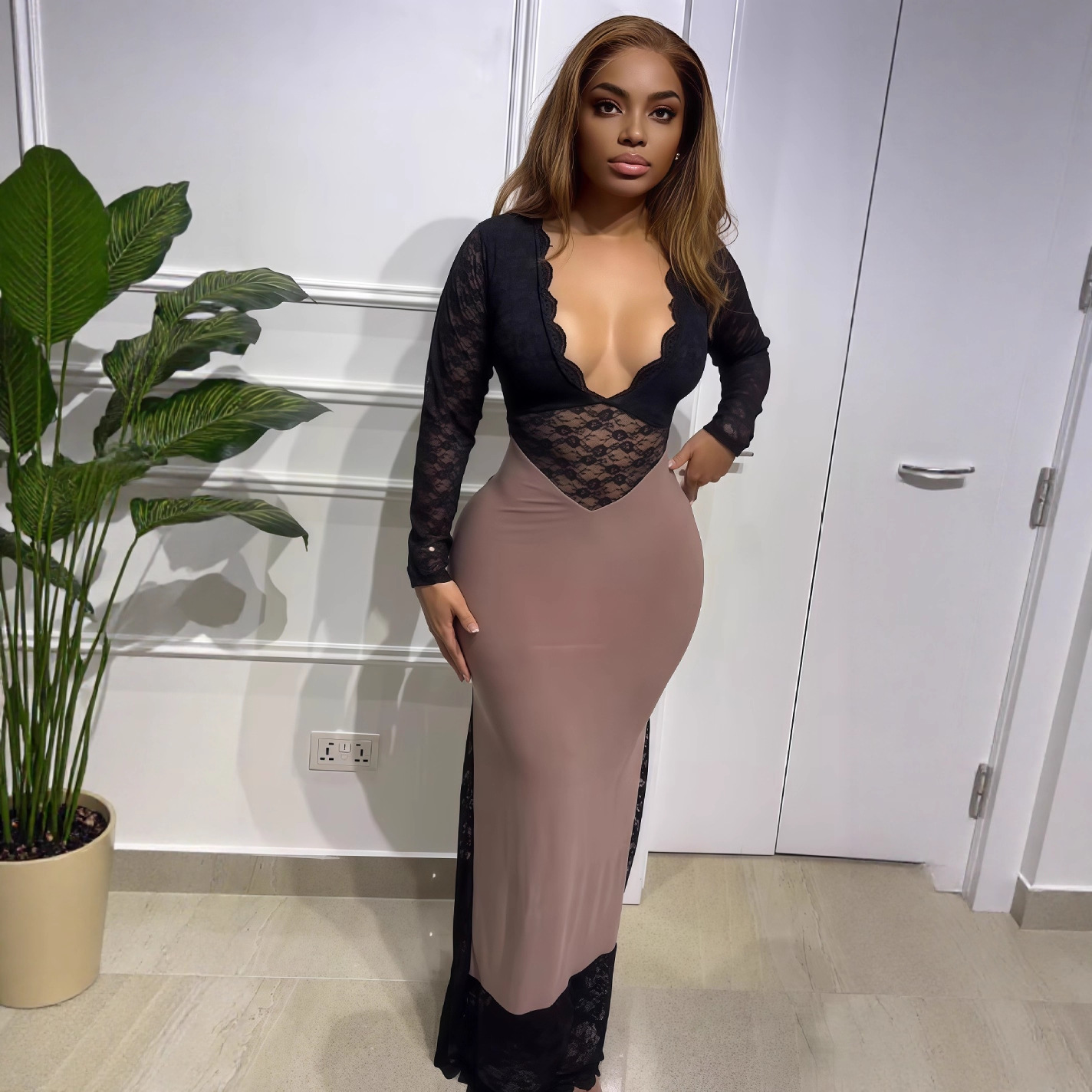 European and American cross-border women's clothing 2025 early autumn new lace long sleeved sexy deep V-neck patchwork tight long dress