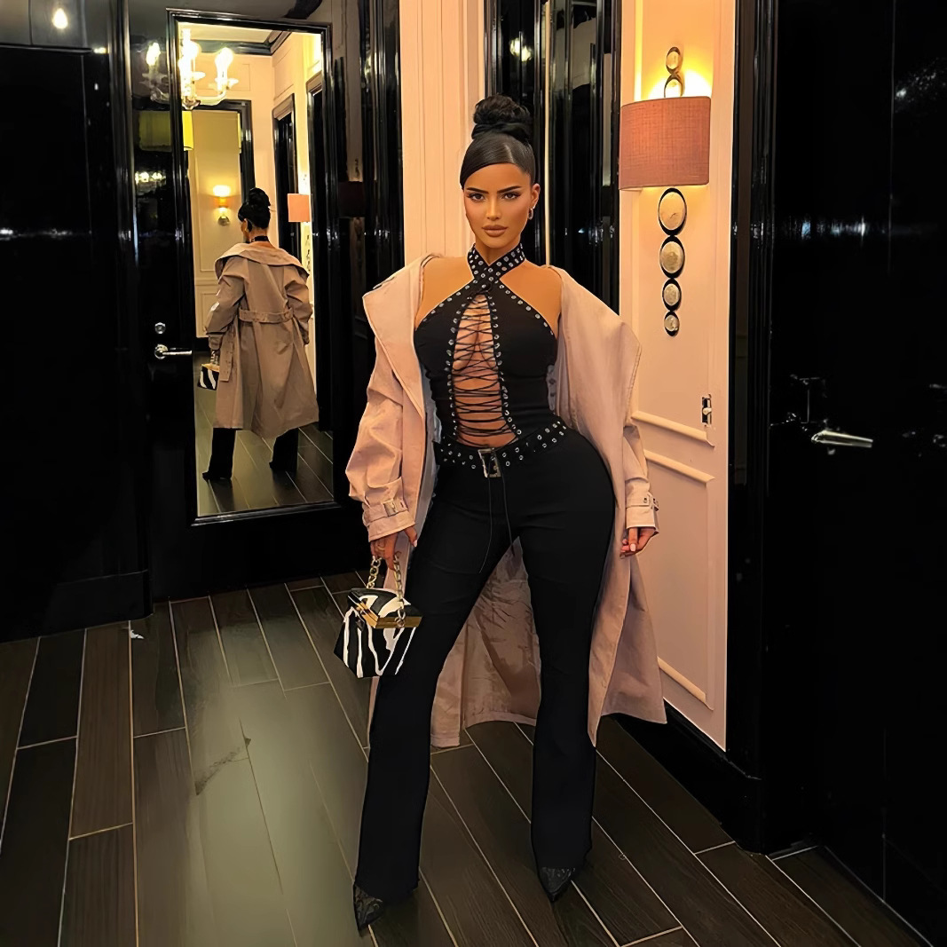 European and American Cross border Women's 2025 Spring Hot Style Sleeveless Hanging Neck Chicken Eye Strap Slimming Sexy jumpsuit