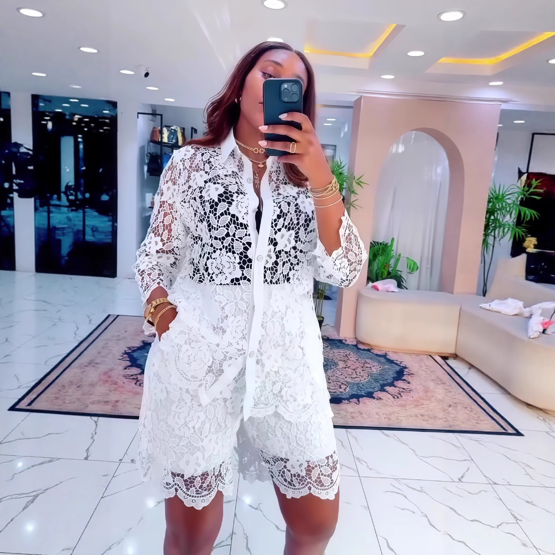 European and American cross-border fashion women's clothing 2025 autumn new item solid color long sleeved lapel positioning flower waist collection casual two-piece set