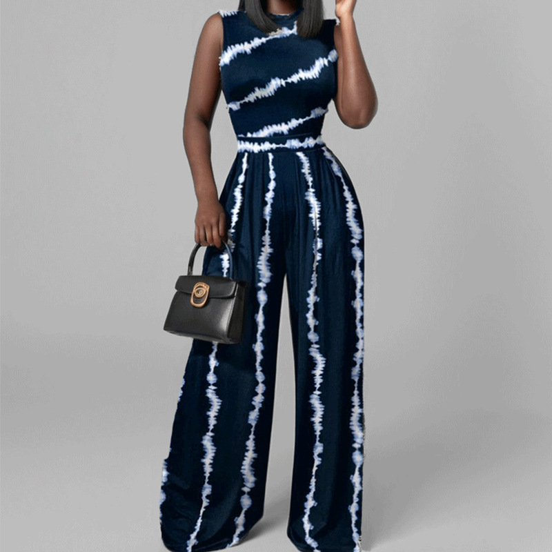 Cross border European and American women's clothing 2025 spring new fashion hot selling casual pants slim fit printed sleeveless jumpsuit