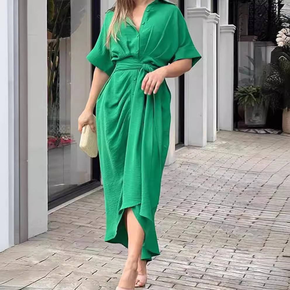 Amazon 2025 European and American women's summer lace up waist cinching short sleeved single breasted solid color shirt European and American dress for women