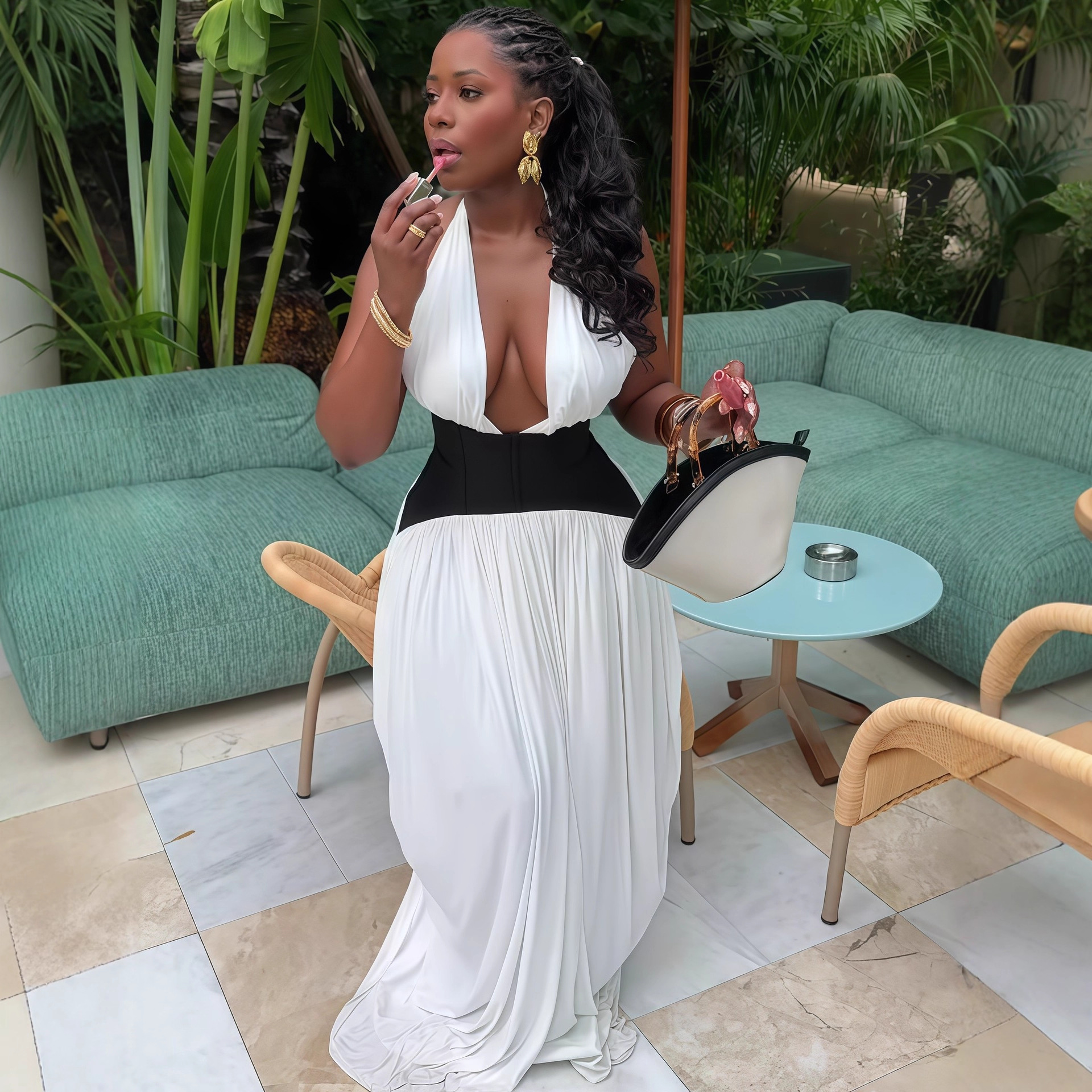 European and American cross-border women's clothing 2025 autumn new sleeveless hanging neck sexy backless waist cinched pleated long dress