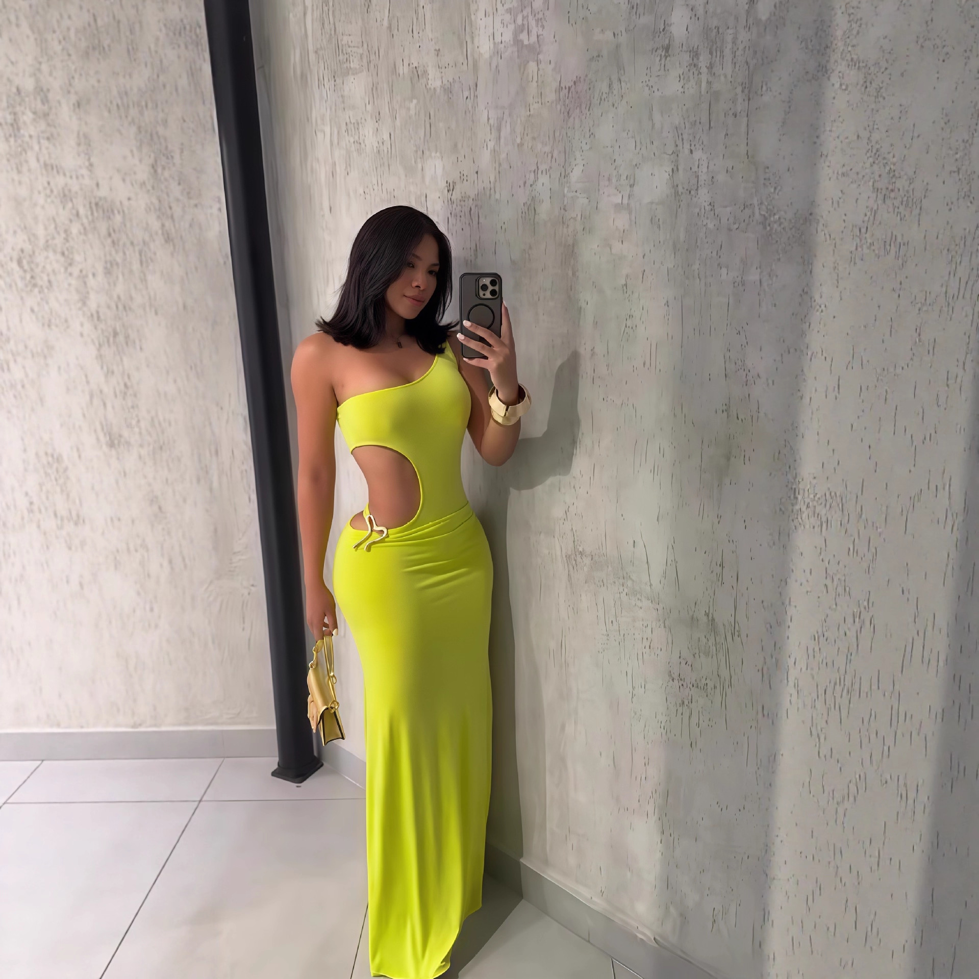 European and American Cross border Women's Wear 2025 Autumn New Solid Color Sleeveless Slant Neck Single Shoulder Hollow Out Long Dress