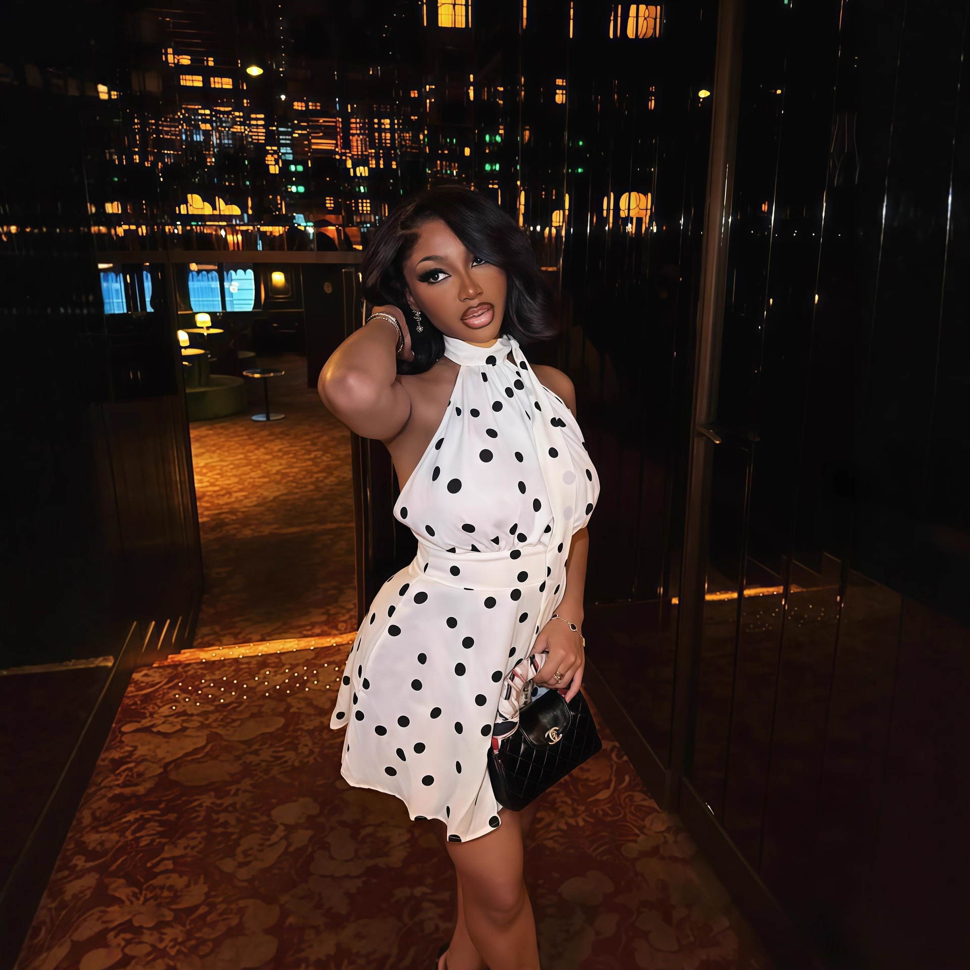 European and American cross-border women's clothing 2025 autumn new sleeveless hanging neck backless polka dot printed waist cinching short dress