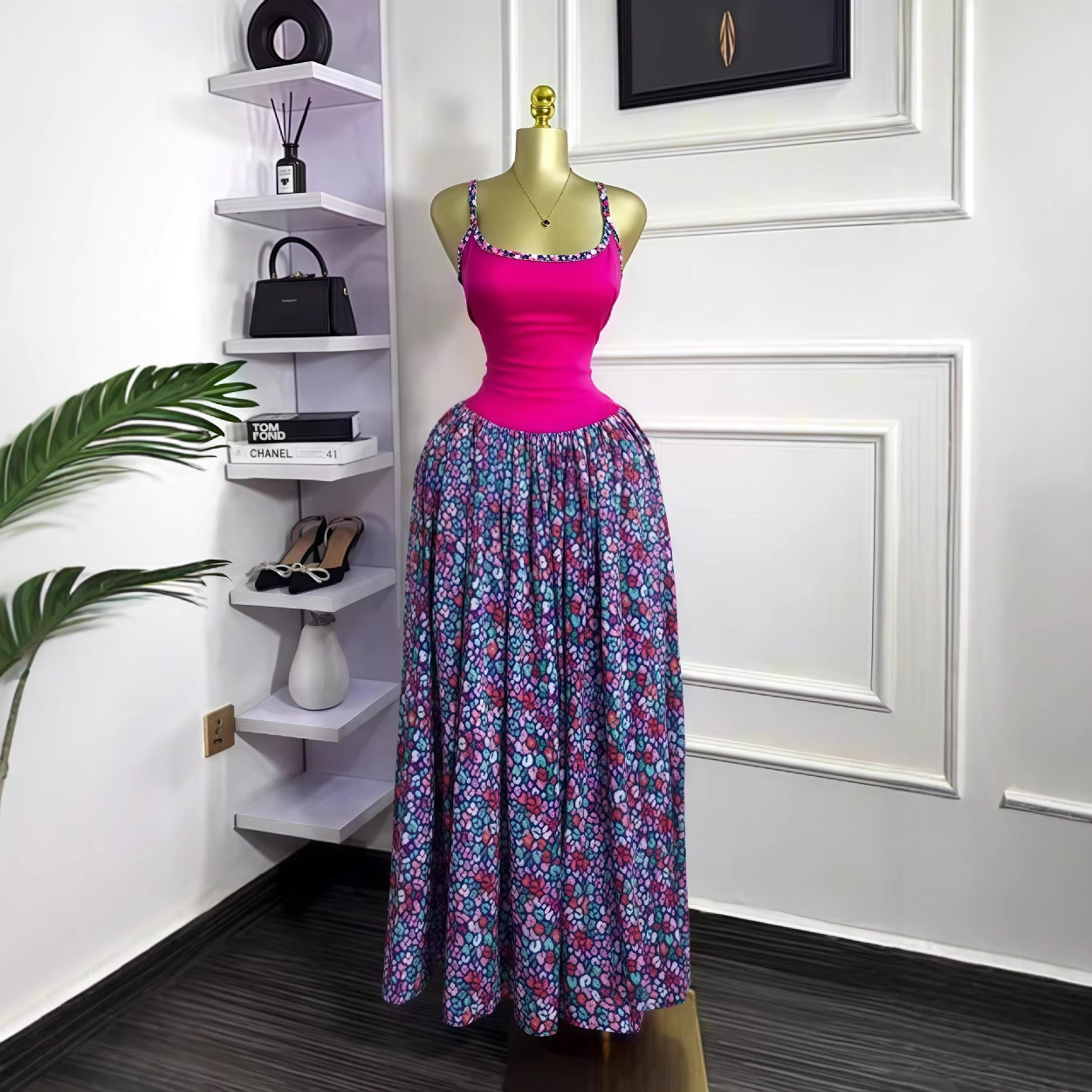 European and American cross-border women's clothing 2025 summer new sleeveless printed sexy suspender tight pleated long dress