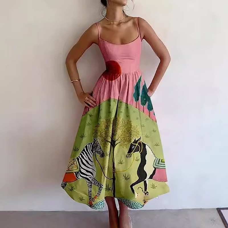 Amazon 2025 Spring New Cross border European and American Women's Fashion Printed Folded Waist Swing Strap Dress Amazon 2025 Spring New Cross border European and American Women's Fashion Printed Folded Waist Swing Strap Dress