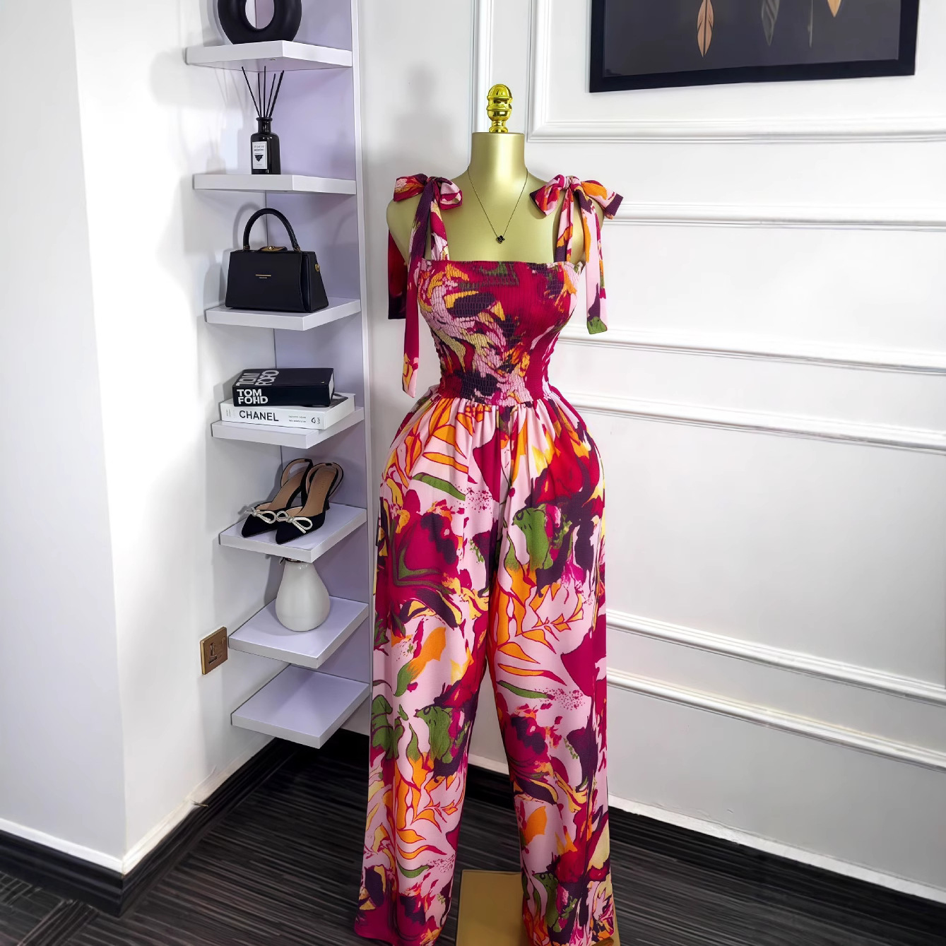 European and American cross-border women's clothing 2025 summer new sleeveless bow tie strapless strapless waist cinching long printed jumpsuit