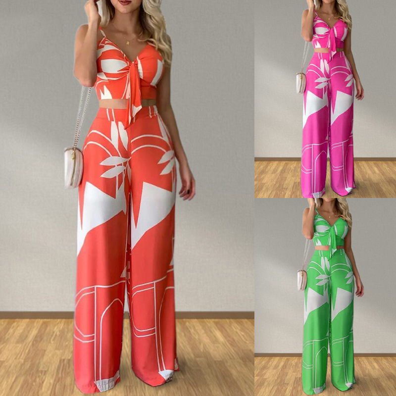 2025 Cross border Foreign Trade Set European and American Women's Clothing Personalized Temperament Straight Pants Sexy Top Fashion Casual Set