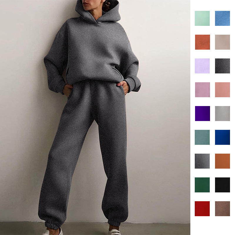 2025 Spring Amazon European and American Women's Solid Color Casual Fashion Pants Thickened Sports Hoodie Set for Women