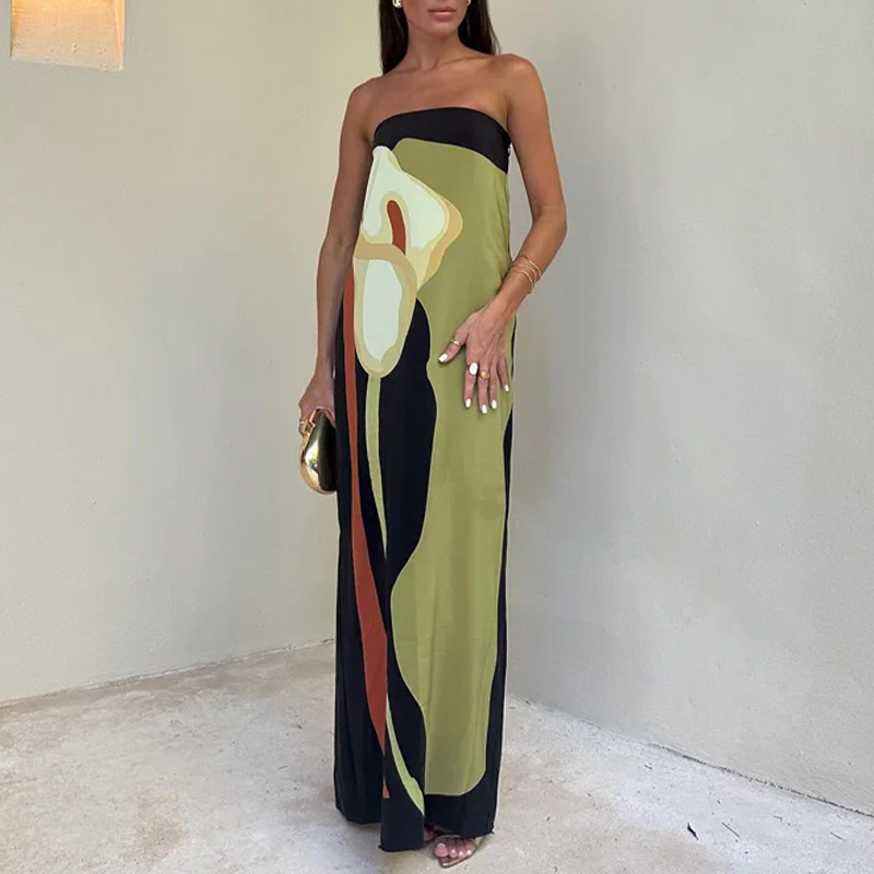 2025 independent station new European and American women's fashion sleeveless off shoulder avant-garde sexy backless printed European and American dress