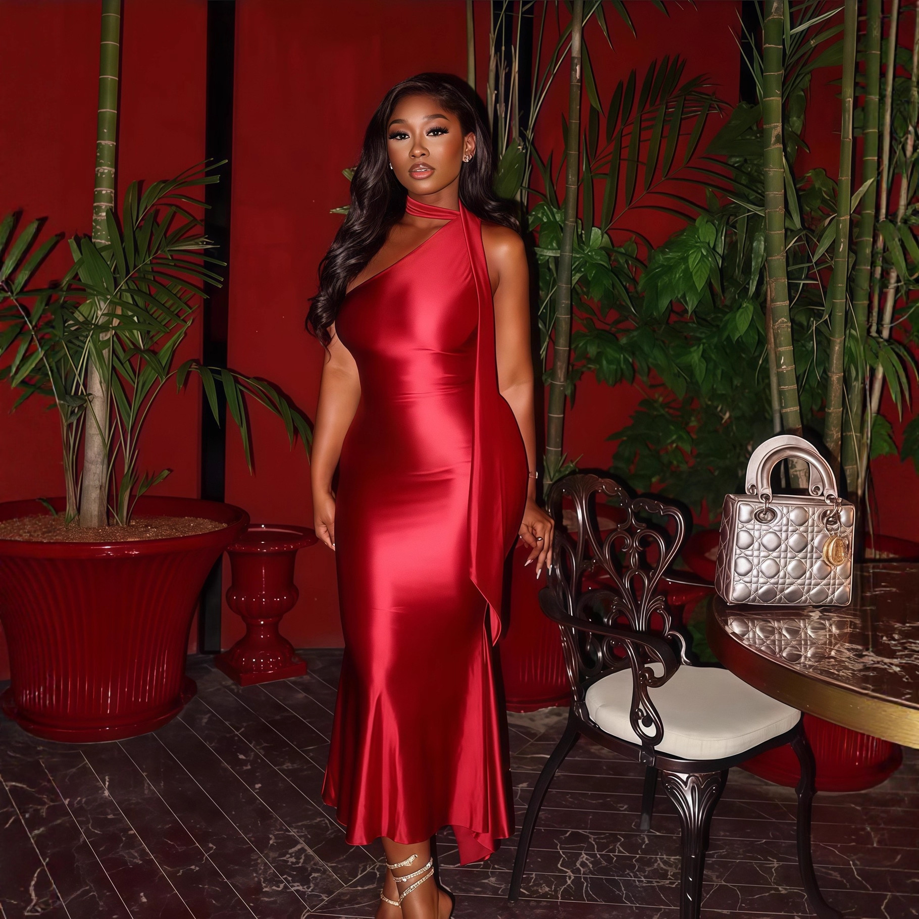 European and American cross-border temperament women's clothing 2025 autumn new item solid color sleeveless sloping collar slim fit long one step dress