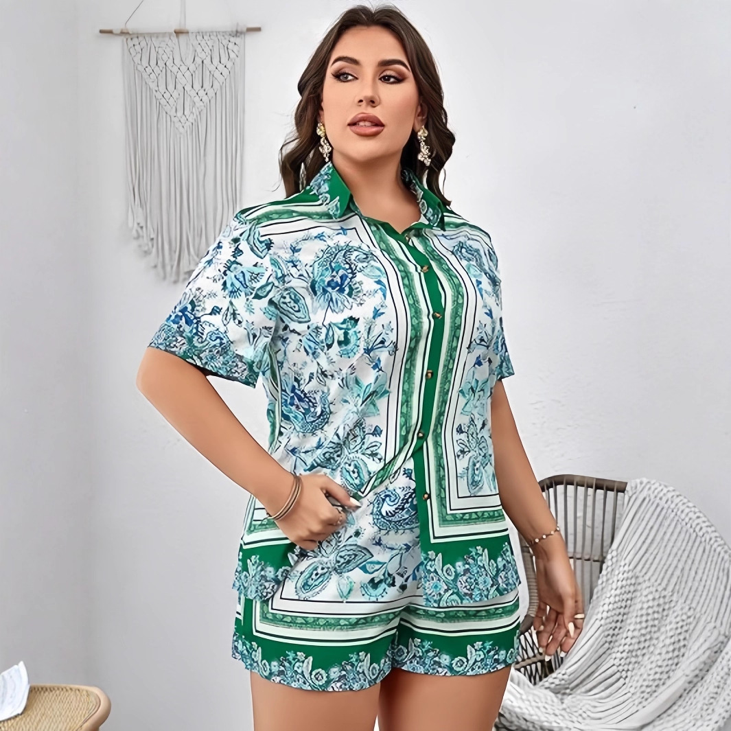 European and American cross-border women's clothing 2025 early autumn hot retro printed short sleeved shirt, waist cinched shorts casual two-piece set